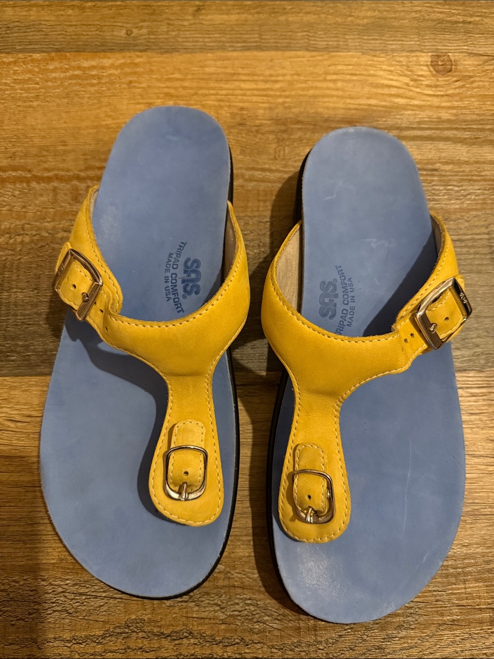 SAS Women’s Yellow and Blue T-Strap Buckle Sandals